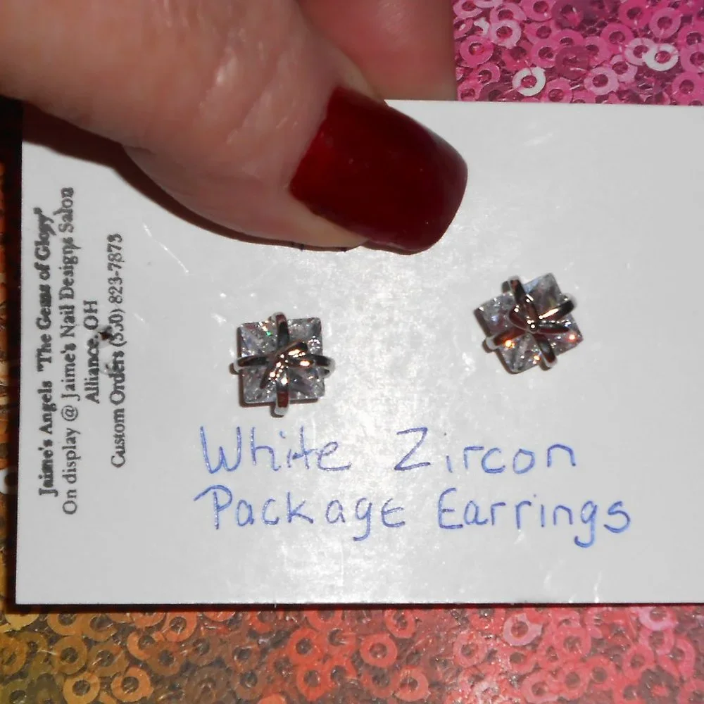Petite White Sparkling Crystal Package w/ Bow Pierced Post Earrings